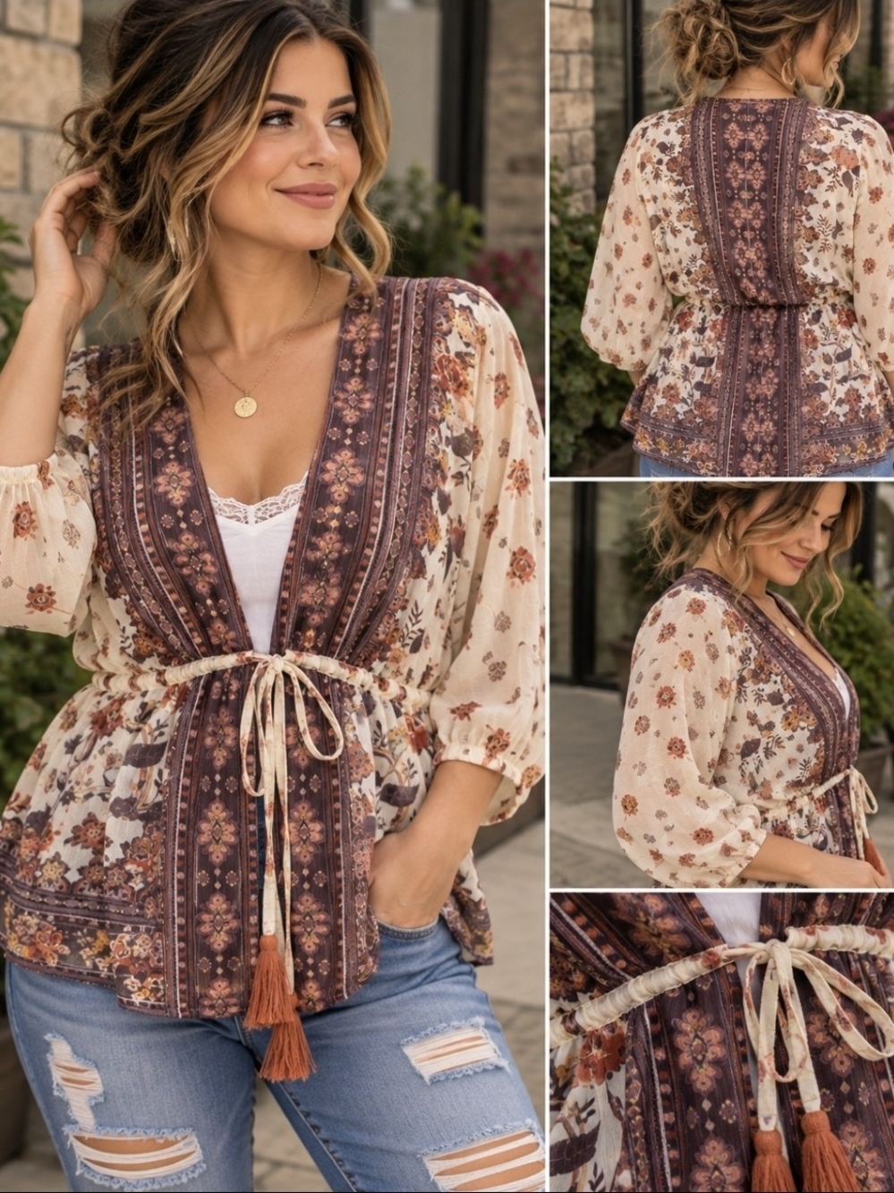 Live 4 Truth Cream & Plum Floral Tie-Waist Peasant Top